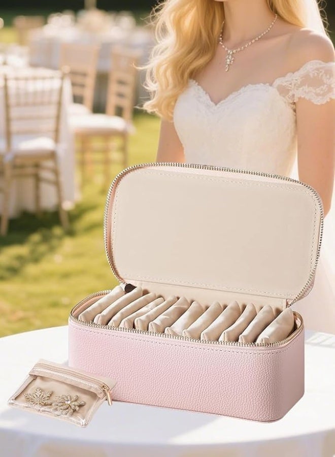 Homarket Jewelry Box Travel Case Leather Jewelry Organizer With 12 Velvet Jewelry Bags Gift For Women Girls Beige - Image 4