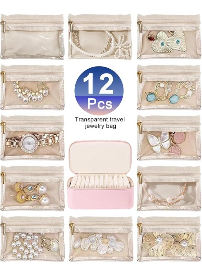 Homarket Jewelry Box Travel Case Leather Jewelry Organizer With 12 Velvet Jewelry Bags Gift For Women Girls Beige - Image 3