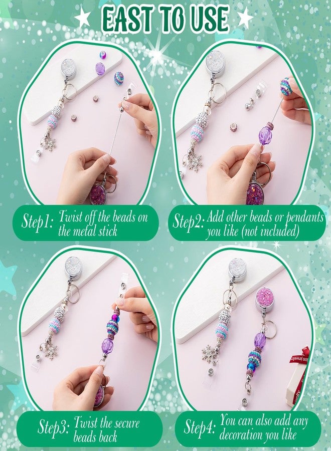Ferreve 10 Pcs Beadable Badge Reels Glitter Retractable Badge Holder Blank Bar DIY ID Name Badge Reel Clips Holder for Beads with Key Ring Belt Clip DIY Gift for Nurse Teacher Office (Colorful) - Image 5