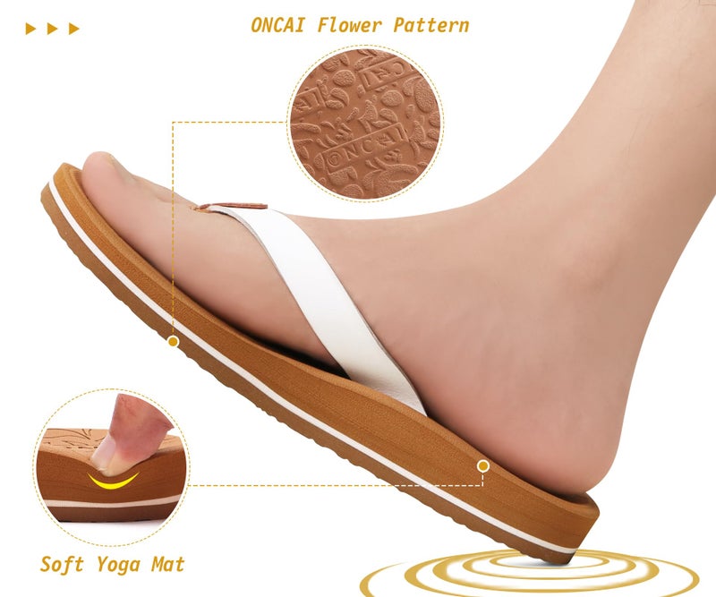 ONCAI Womens Flip Flops for Women Arch Support Yoga Mat Summer Beach Leather Woman Dressy Thong Sandal for Women 2026 with Plantar Fasciitis Walking Ladies Thong Sandal Outdoor White/Khaki Size 7.5 - Image 4