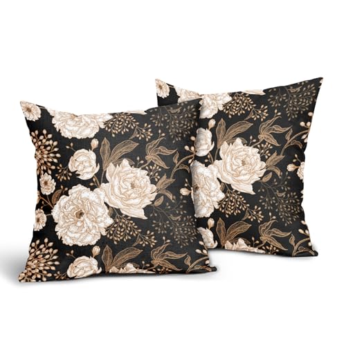 aportt Vintage Peony Roses Floral Plant Pillow Covers 18X18 Inch Set of 2 Chinoiserie White Flower Leaves Decorative Pillow Cases Black Gold Cushion Case Vintage Home Decor for Sofa Couch Outdoor - Image 2