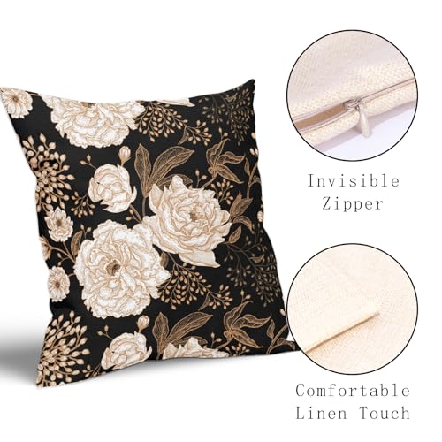 aportt Vintage Peony Roses Floral Plant Pillow Covers 18X18 Inch Set of 2 Chinoiserie White Flower Leaves Decorative Pillow Cases Black Gold Cushion Case Vintage Home Decor for Sofa Couch Outdoor - Image 3