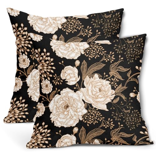 aportt Vintage Peony Roses Floral Plant Pillow Covers 18X18 Inch Set of 2 Chinoiserie White Flower Leaves Decorative Pillow Cases Black Gold Cushion Case Vintage Home Decor for Sofa Couch Outdoor - Image 1