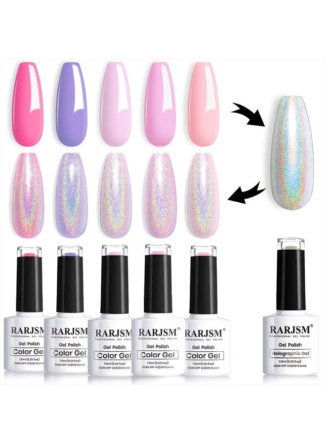 RARJSM Pastel Gel Nail Polish Set 6 Colors Pink Purple Series Chrome Reflective Holographic Glitter Gel Polishes Silver Ch7.5ML Curing Required Soak Off Nail Gel Kit Salon Home Diy French Manicure - Image 1