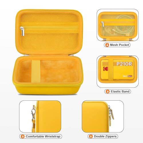 RAIALL حافظة صلبة RAIALL لطابعة الصور المحمولة KODAK Mini 2 Retro 4PASS، حافظة تخزين كاميرا رقمية فورية Kodak Mini 2 Retro P210R، جيب شبكي يناسب ورق الصور والكابل، أصفر - Image 4