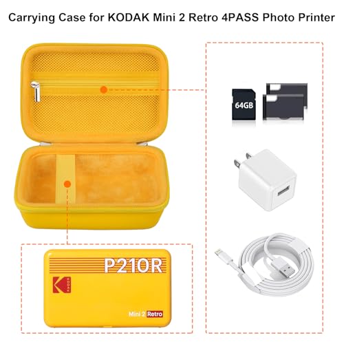 RAIALL حافظة صلبة RAIALL لطابعة الصور المحمولة KODAK Mini 2 Retro 4PASS، حافظة تخزين كاميرا رقمية فورية Kodak Mini 2 Retro P210R، جيب شبكي يناسب ورق الصور والكابل، أصفر - Image 3
