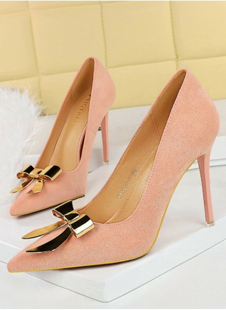 BIGTREE Women's Suede Closed Pointed Toe Stiletto Pump Metal Bowknot Decoration High Heels Light Pink 10.5CM  - Image 1