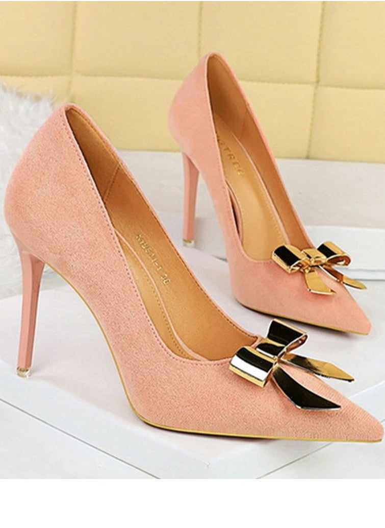 BIGTREE Women's Suede Closed Pointed Toe Stiletto Pump Metal Bowknot Decoration High Heels Light Pink 10.5CM  - Image 2