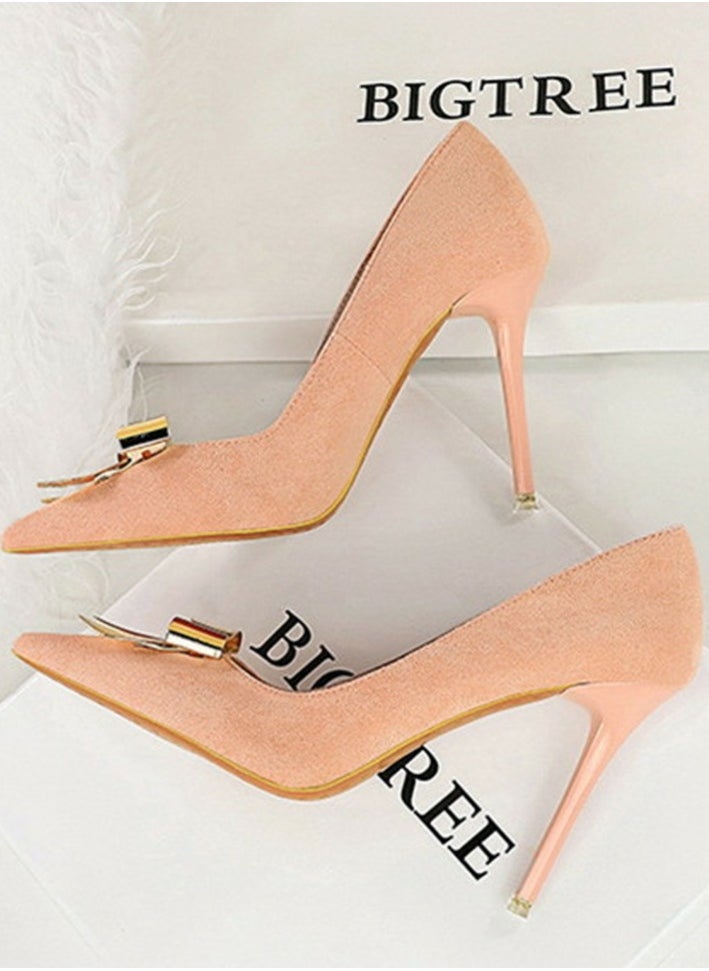BIGTREE Women's Suede Closed Pointed Toe Stiletto Pump Metal Bowknot Decoration High Heels Light Pink 10.5CM  - Image 3