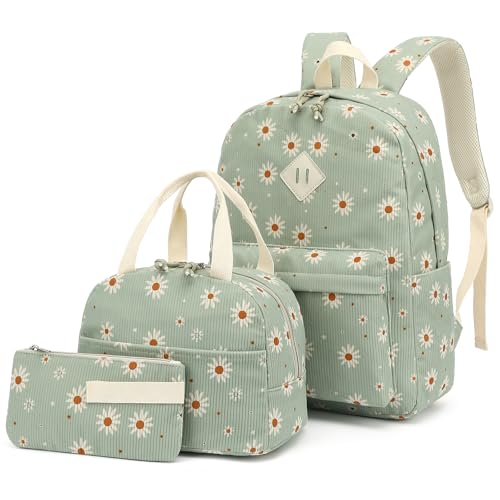 Yusudan Corduroy Girls Backpack Set 3PCS School Backpacks for Kids Elementary Middle School Bags with Lunch Box Pencil Case Green Corduroy Daisy - Image 1