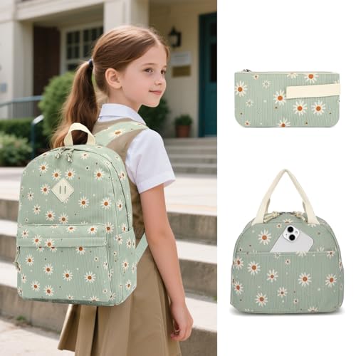 Yusudan Corduroy Girls Backpack Set 3PCS School Backpacks for Kids Elementary Middle School Bags with Lunch Box Pencil Case Green Corduroy Daisy - Image 3