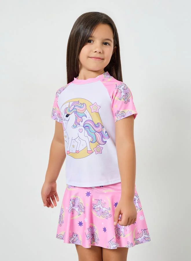 Styli Girls Unicorn Graphic Top and Swim Skorts Set