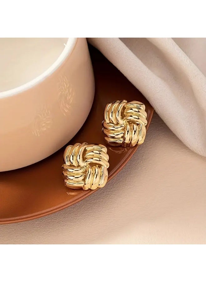 aeen Classic Gold-Tone Knot Stud Earrings – Geometric Textured Design for Women - Image 2