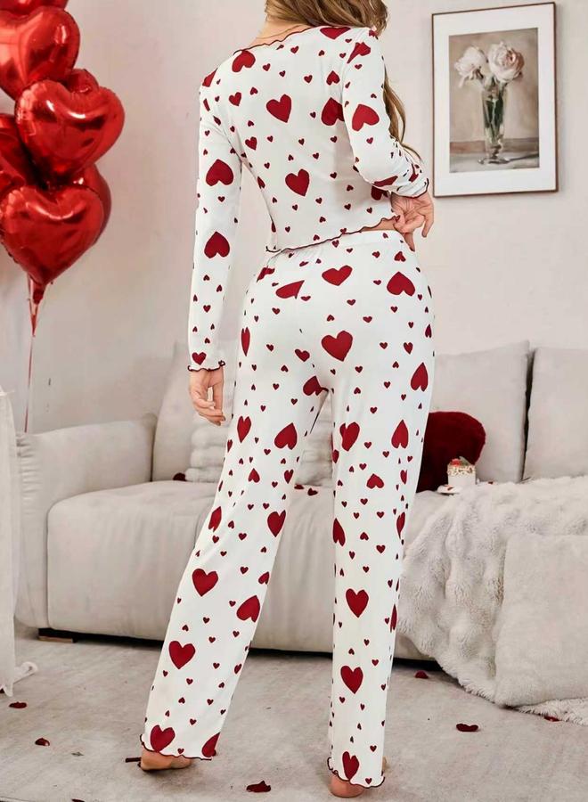 Take Two Heart Print V Neck Top and Pyjama Set - Image 2