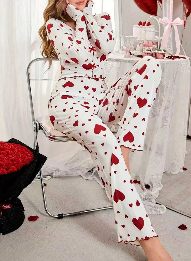Take Two White Heart Print V Neck Top and Pyjama Set for Women | Best Price UAE