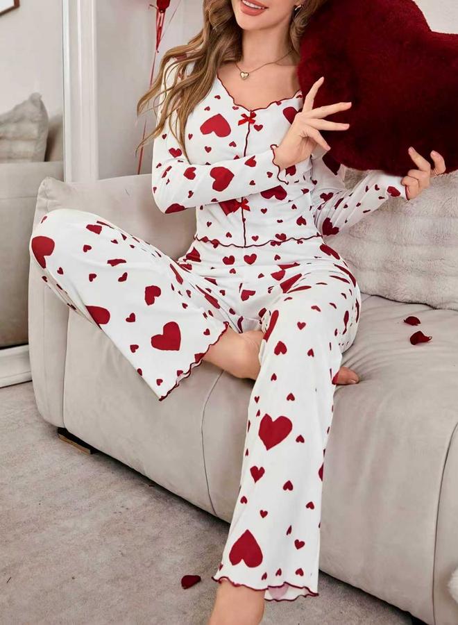 Take Two Heart Print V Neck Top and Pyjama Set - Image 1