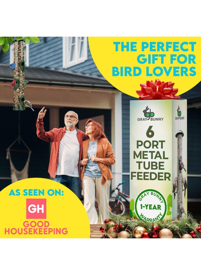 Gray Bunny Metal Bird Feeders for Outdoors Hanging, 6-Port Metal Bird Feeder Tube, Durable, Chew-Proof and Rust-Proof, 16 Inches - Image 1