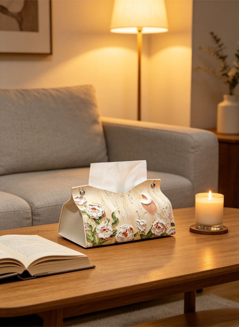 loven Retro oil painting pattern tissue box sleeve (2-pack), PU leather decorative storage box, suitable for desktop, car and office (camellia pattern). - Image 2