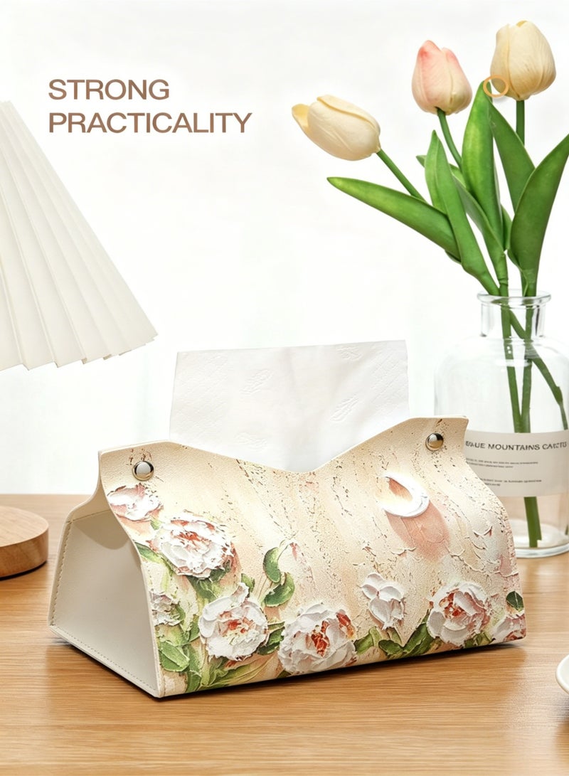 loven Retro oil painting pattern tissue box sleeve (2-pack), PU leather decorative storage box, suitable for desktop, car and office (camellia pattern). - Image 5