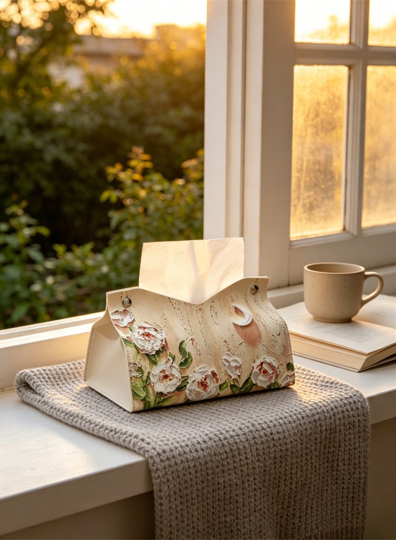 loven Retro oil painting pattern tissue box sleeve (2-pack), PU leather decorative storage box, suitable for desktop, car and office (camellia pattern). - Image 3