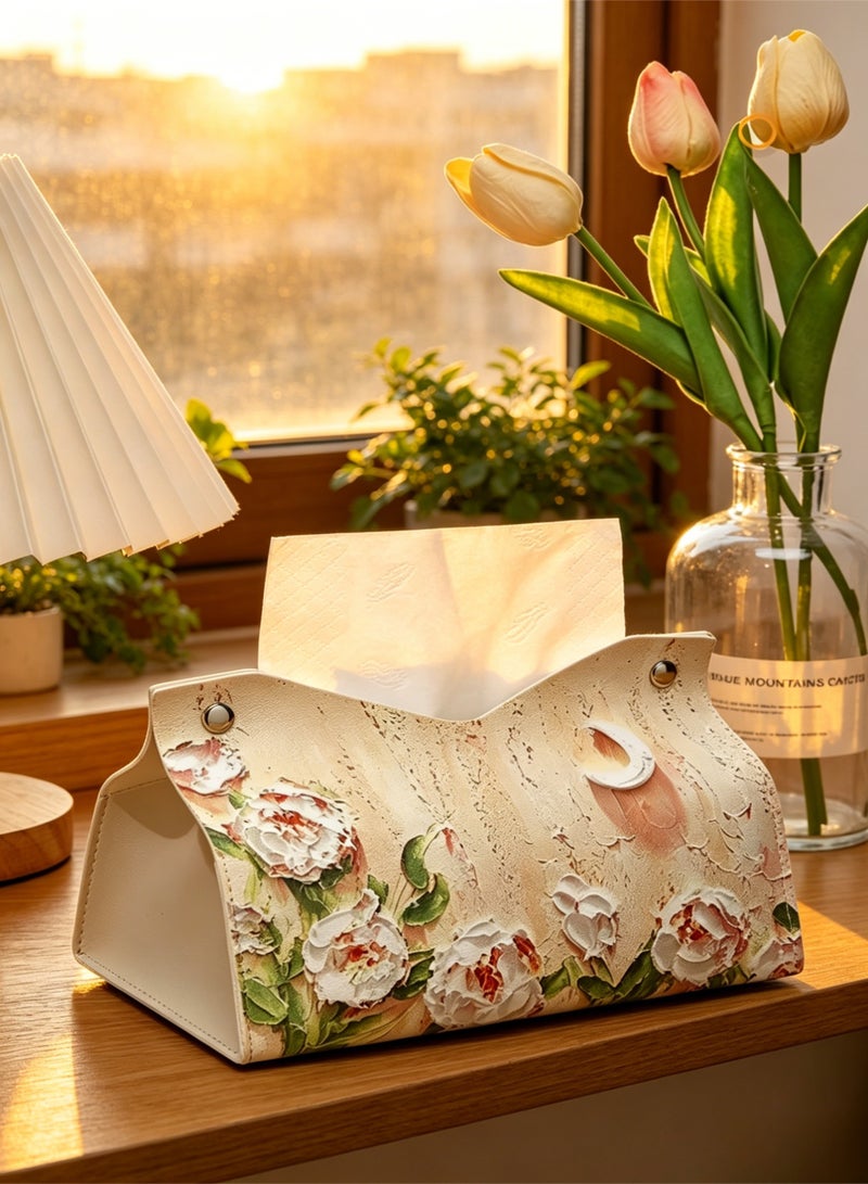 loven Retro oil painting pattern tissue box sleeve (2-pack), PU leather decorative storage box, suitable for desktop, car and office (camellia pattern). - Image 4