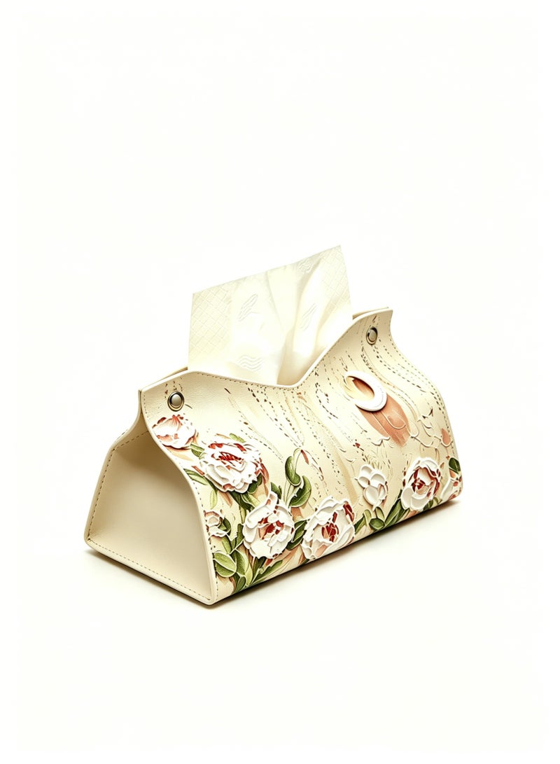 loven Retro oil painting pattern tissue box sleeve (2-pack), PU leather decorative storage box, suitable for desktop, car and office (camellia pattern). - Image 1