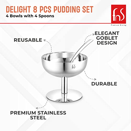 FNS Delight Stainless Steel Pudding Set For Serving Ice Cream, Fruit, Pudding, Snack (4 Dessert Cup And 4 Ice Cream Spoons), 0.14 liter - Image 3