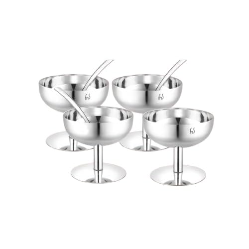 FNS Delight Stainless Steel Pudding Set For Serving Ice Cream, Fruit, Pudding, Snack (4 Dessert Cup And 4 Ice Cream Spoons), 0.14 liter - Image 1