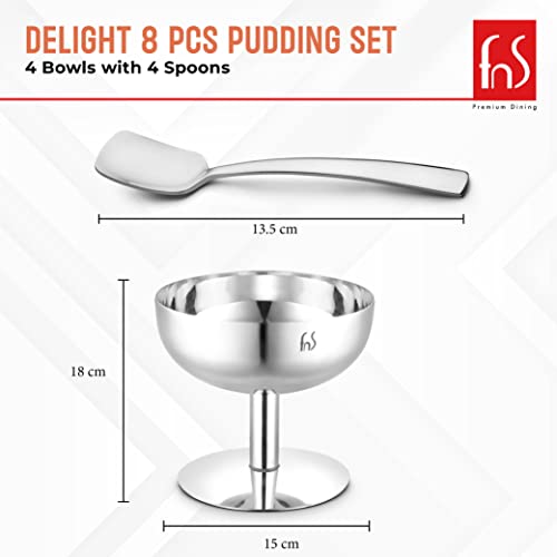 FNS Delight Stainless Steel Pudding Set For Serving Ice Cream, Fruit, Pudding, Snack (4 Dessert Cup And 4 Ice Cream Spoons), 0.14 liter - Image 5