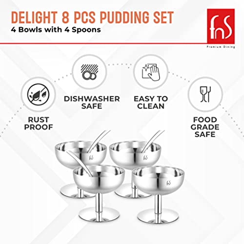 FNS Delight Stainless Steel Pudding Set For Serving Ice Cream, Fruit, Pudding, Snack (4 Dessert Cup And 4 Ice Cream Spoons), 0.14 liter - Image 2