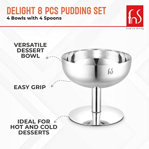FNS Delight Stainless Steel Pudding Set For Serving Ice Cream, Fruit, Pudding, Snack (4 Dessert Cup And 4 Ice Cream Spoons), 0.14 liter - Image 4