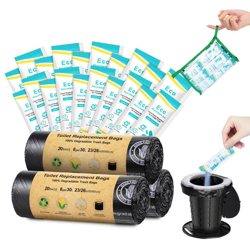 BLIKA 60 Count Camping Toilet Bags Eco Absorbent Gel Set, Portable Toilet Bags with Gel, 8 Gallon, 30 Liter, Heavy Duty 1 Mil, Toilet Replacement Bags with Toilet Powder for Camping Outdoor Hiking - Image 1