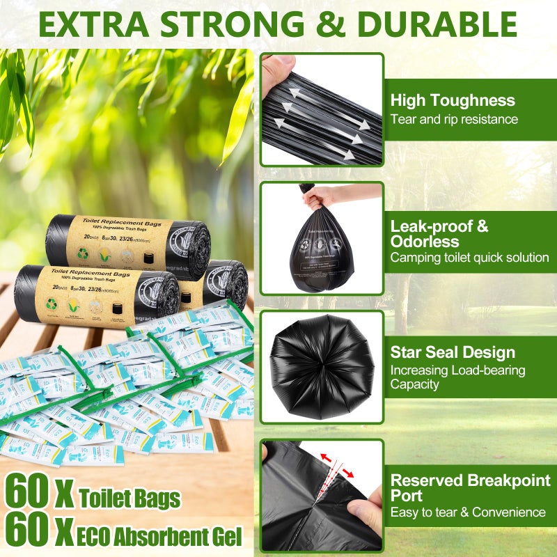 BLIKA 60 Count Camping Toilet Bags Eco Absorbent Gel Set, Portable Toilet Bags with Gel, 8 Gallon, 30 Liter, Heavy Duty 1 Mil, Toilet Replacement Bags with Toilet Powder for Camping Outdoor Hiking - Image 4