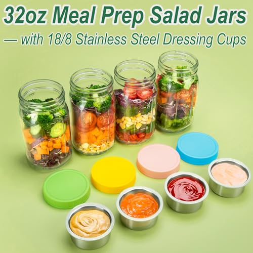 KTKUDY 4 Pack 32 oz Glass Salad Jars with Dressing Cups (Pod) - Meal Prep Salad Container for Lunch - Leakproof Mason Jars with Lids - Image 2