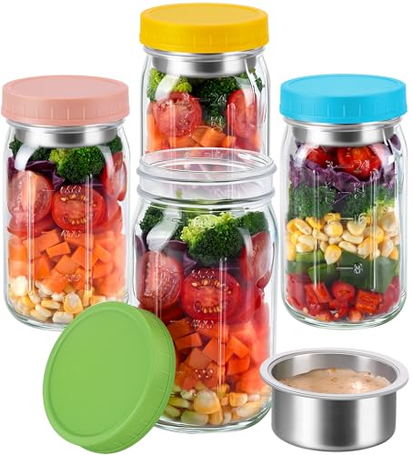 KTKUDY 4 Pack 32 oz Glass Salad Jars with Dressing Cups (Pod) - Meal Prep Salad Container for Lunch - Leakproof Mason Jars with Lids - Image 1