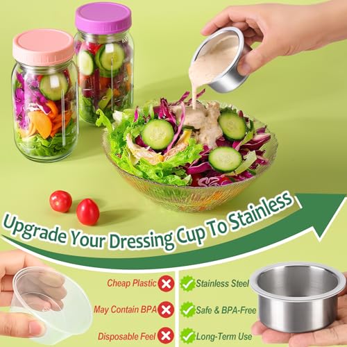 KTKUDY 4 Pack 32 oz Glass Salad Jars with Dressing Cups (Pod) - Meal Prep Salad Container for Lunch - Leakproof Mason Jars with Lids - Image 3