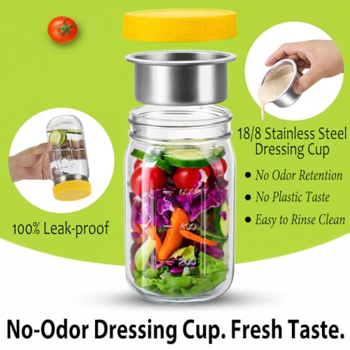KTKUDY 4 Pack 32 oz Glass Salad Jars with Dressing Cups (Pod) - Meal Prep Salad Container for Lunch - Leakproof Mason Jars with Lids - Image 4