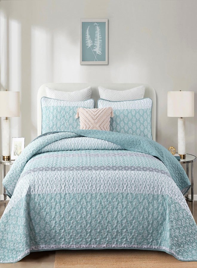 Cottolester Aqua Quilt Set Queen Size Boho Striped Bedspread Lightweight Soft Microfiber Bedding Set 96"x90" (3 Pieces) - Image 2
