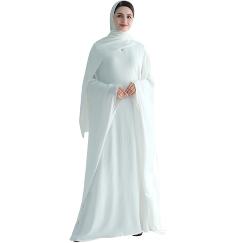 khalat Muslim Abaya Dress Women Middle East Arabian Prayer Robe Batwing Maxi Kaftan Abaya Dress with Hijab White - Image 1