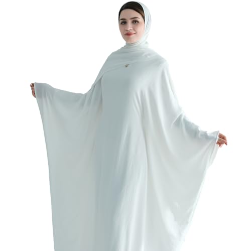 khalat Muslim Abaya Dress Women Middle East Arabian Prayer Robe Batwing Maxi Kaftan Abaya Dress with Hijab White - Image 5