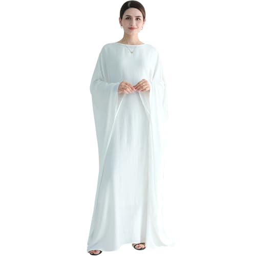 khalat Muslim Abaya Dress Women Middle East Arabian Prayer Robe Batwing Maxi Kaftan Abaya Dress with Hijab White - Image 3