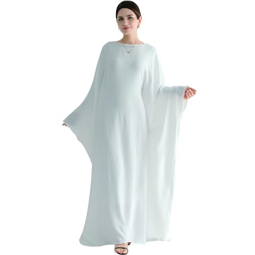 khalat Muslim Abaya Dress Women Middle East Arabian Prayer Robe Batwing Maxi Kaftan Abaya Dress with Hijab White - Image 2