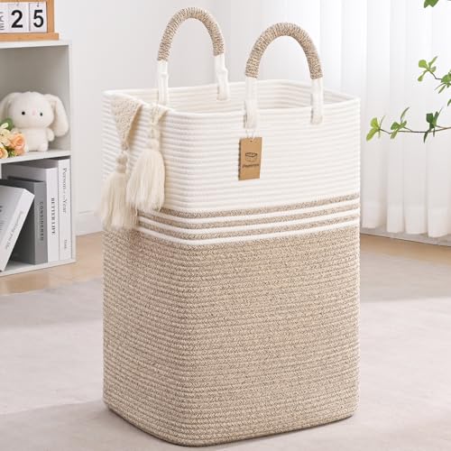 Degeyoyo Laundry Basket Hamper,Blanket Storage,Dirty Clothes Hamper with Swivel Handles,Woven Cotton Rope Toy Baskets,Blanket Basket Living Room,Decorative Hampers for Nursery,Bedroom,White & Linen,60L - Image 1