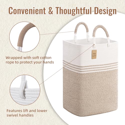 Degeyoyo Laundry Basket Hamper,Blanket Storage,Dirty Clothes Hamper with Swivel Handles,Woven Cotton Rope Toy Baskets,Blanket Basket Living Room,Decorative Hampers for Nursery,Bedroom,White & Linen,60L - Image 2