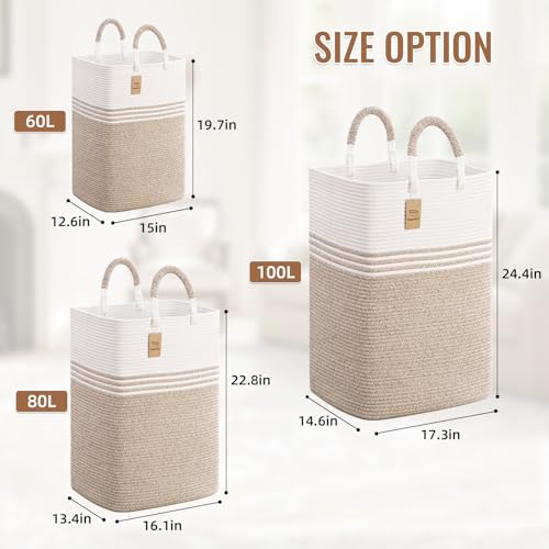 Degeyoyo Laundry Basket Hamper,Blanket Storage,Dirty Clothes Hamper with Swivel Handles,Woven Cotton Rope Toy Baskets,Blanket Basket Living Room,Decorative Hampers for Nursery,Bedroom,White & Linen,60L - Image 5