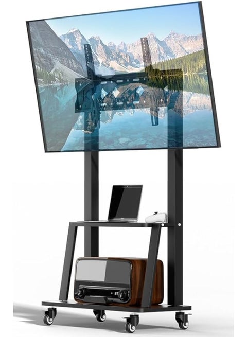 Rolling Floor TV Stand – Foldable and Tilt Adjustable – Fits 32 to 75 Inch Screens – Height Adjustable, Holds up to 50 kg