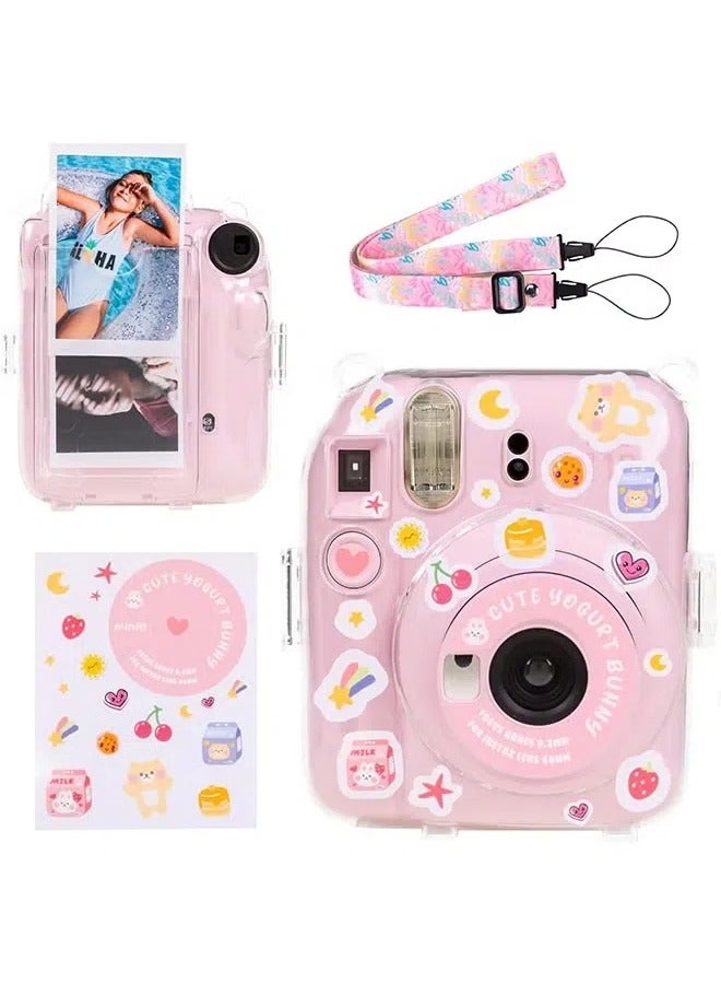 مجموعة من 3 حافظات شفافة للكاميرا متوافقة مع كاميرا فوجي فيلم إنستاكس ميني 12 الفورية - حافظة ميني 12 صلبة مع جيب للصور في الخلف وحزام كتف قابل للتعديل وملصق كاميرا لطيف (وردي) - Image 1