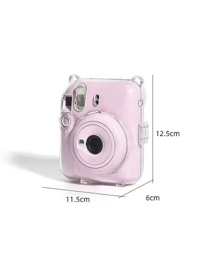 مجموعة من 3 حافظات شفافة للكاميرا متوافقة مع كاميرا فوجي فيلم إنستاكس ميني 12 الفورية - حافظة ميني 12 صلبة مع جيب للصور في الخلف وحزام كتف قابل للتعديل وملصق كاميرا لطيف (وردي) - Image 2