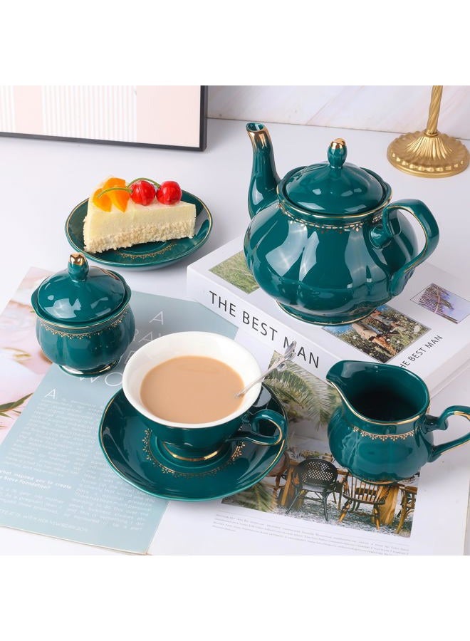 CHENP.HMC Tea Set 22-Piece Porcelain Ceramic Coffee Tea Sets Cups Saucer Service for 6 Teapot Sugar Bowl Creamer Pitcher and Teaspoons Porcelain Tea Set(Dark Green) - Image 3