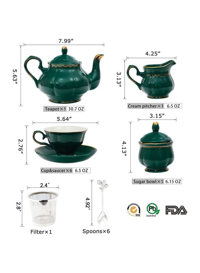 CHENP.HMC Tea Set 22-Piece Porcelain Ceramic Coffee Tea Sets Cups Saucer Service for 6 Teapot Sugar Bowl Creamer Pitcher and Teaspoons Porcelain Tea Set(Dark Green) - Image 4
